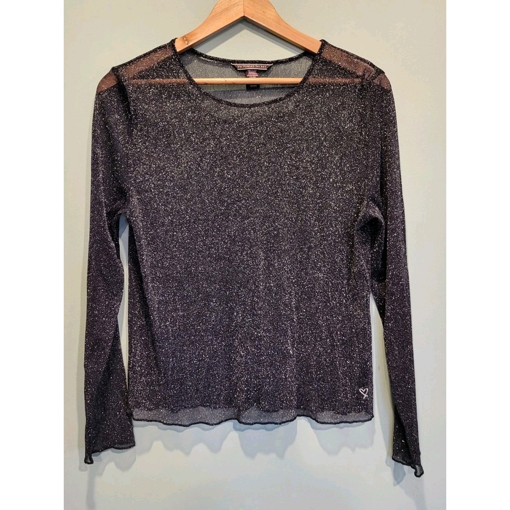 Victoria Secret Black Sparkle Sheer Stretch Long Sleeve Top Sz M/L